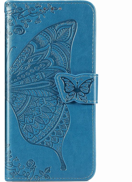 Hoesje geschikt voor iPhone 16 Pro Max - Bookcase - Pasjeshouder - Portemonnee - Vlinderpatroon - Kunstleer - Blauw