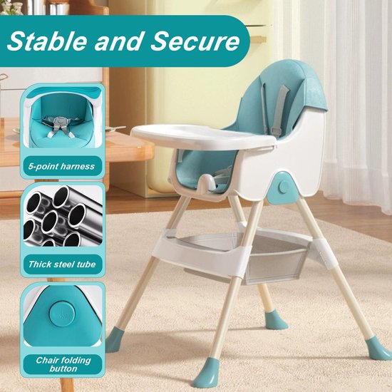 OFMOTRA Kinderstoel 3 in 1 - Inklapbare Eetstoel - Kinderzetel - met opbergmand - Verstelbaar Baby Stoel - Peuterstoel - 5-punts Gordel - Uitneembaar lederen kussen - Meegroei Stoel - Blauw van OFMOTRA — afbeelding 2