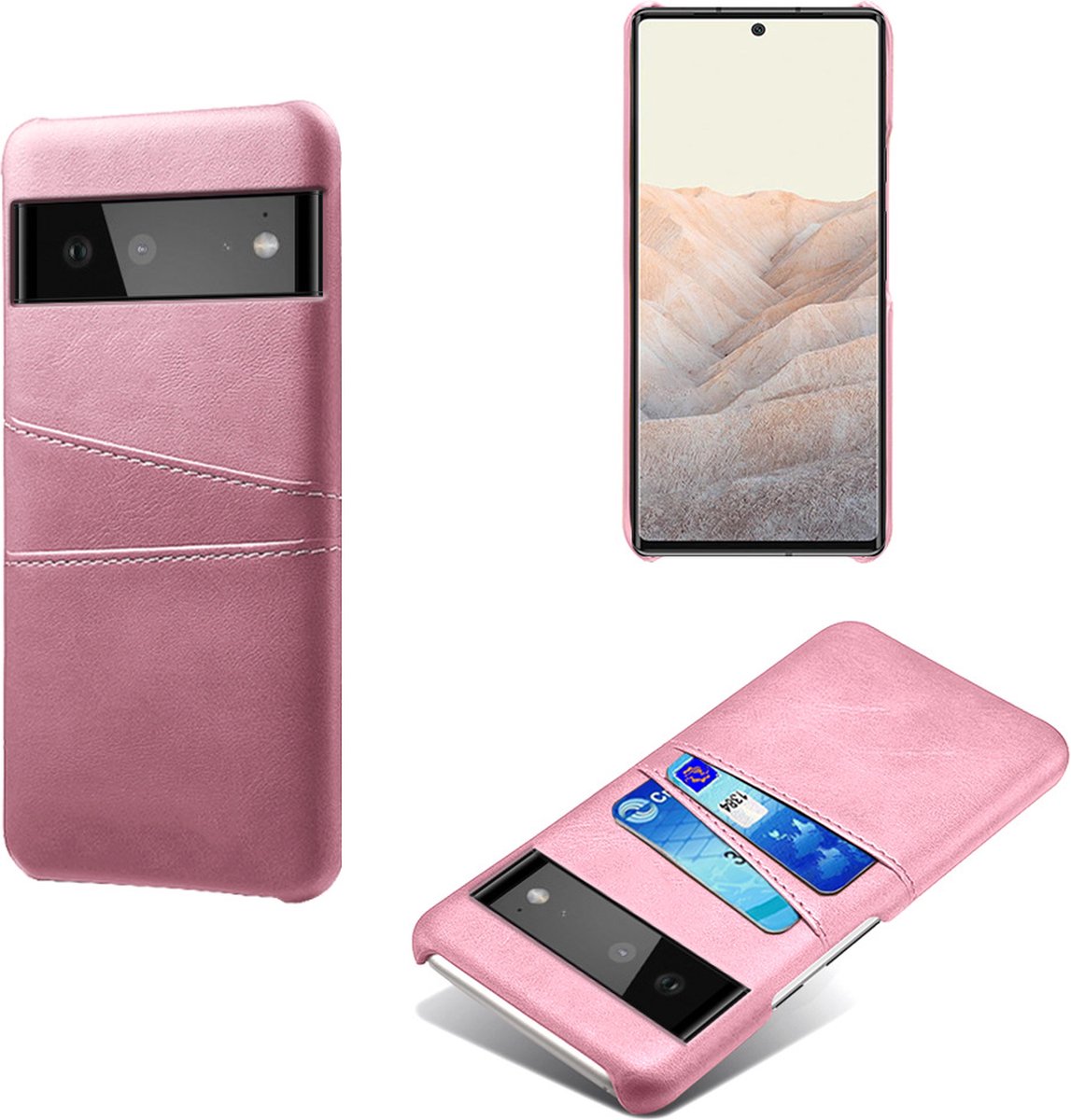 Back Cover met Opbergvakjes + 21D Glas Screenprotector voor Google Pixel 6 _ Roze Goud