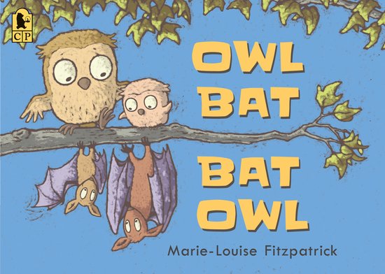 Boek 'Owl Bat Bat Owl' met illustraties van een uil en een vleermuis aan een tak, en hun spiegelbeelden.