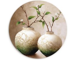 WallCircle® Wandcirkel 60x60 cm - Muurcirkel Bloemen - Vaas - Wit - Botanisch - Beige - Aardtonen - Muurdecoratie woonkamer - Wanddecoratie slaapkamer - Kamer decoratie accessoires - Ronde schilderijen - Woonaccessoires cirkel binnen