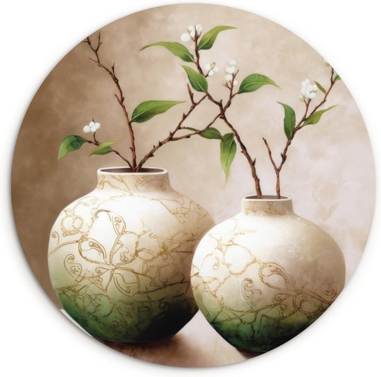 WallCircle® Wandcirkel 60x60 cm - Muurcirkel Bloemen - Vaas - Wit - Botanisch - Beige - Aardtonen - Muurdecoratie woonkamer - Wanddecoratie slaapkamer - Kamer decoratie accessoires - Ronde schilderijen - Woonaccessoires cirkel binnen