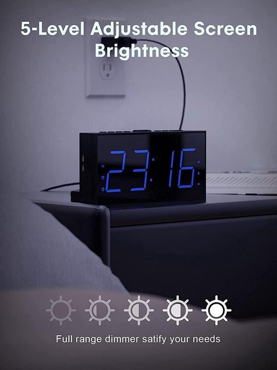 Luide Vibrerende Wekker Voor Zware Slapers/doof/slechthorenden, Digitale Klok, 6 LED-display, 2 USB-poorten (Color : With vibrator