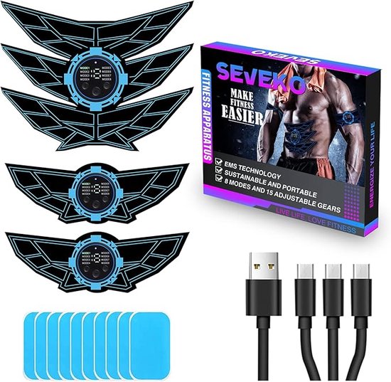 SEVEKO EMS spierstimulator ABS trainer, mannen vrouwen, veilige effectieve snelle full-body training 8 modi en 15 intensiteiten, 10st vervanging hydrogels, blauw