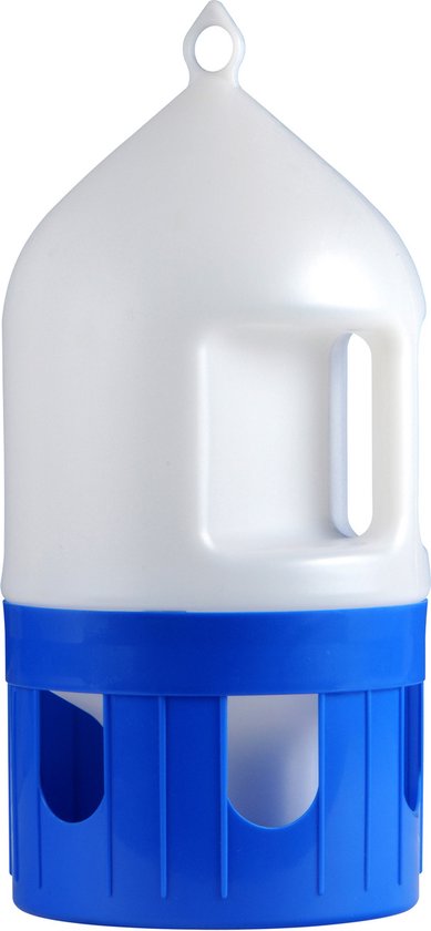 Witte duiven drinkbak van 5 liter met blauwe rand en handgreep.