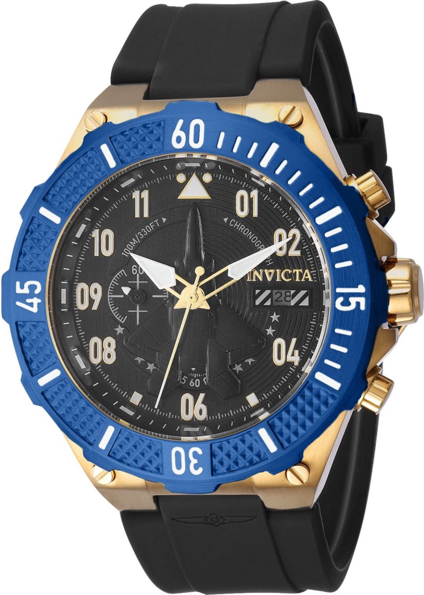 Invicta Aviator 39892 Heren Horloge - Waterdicht - Analoog - Quartz Uurwerk - Roestvrij Staal met zwarte Wijzerplaat - 50mm