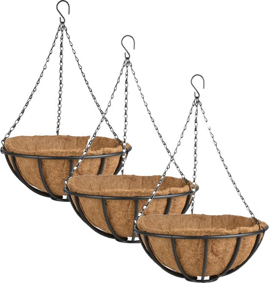 Metalen hanging basket / plantenbak zwart met ketting 35 cm inclusief kokosinlegvel - Hangende bloemen