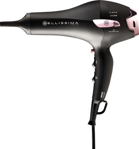 Zwarte Bellissima föhn met rosé gouden details en 'Ion Technology'.