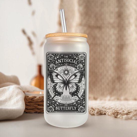 Foto: Tarot the anti social butterfly glazen drinkbeker met rietje en deksel longdrinkglazen bubble tea beker smoothie beker frisdrankglazen 500ml ijskoffie beker blikvormige glazen bekers beer can cocktailglazen ijskoffie glas boba cadeau