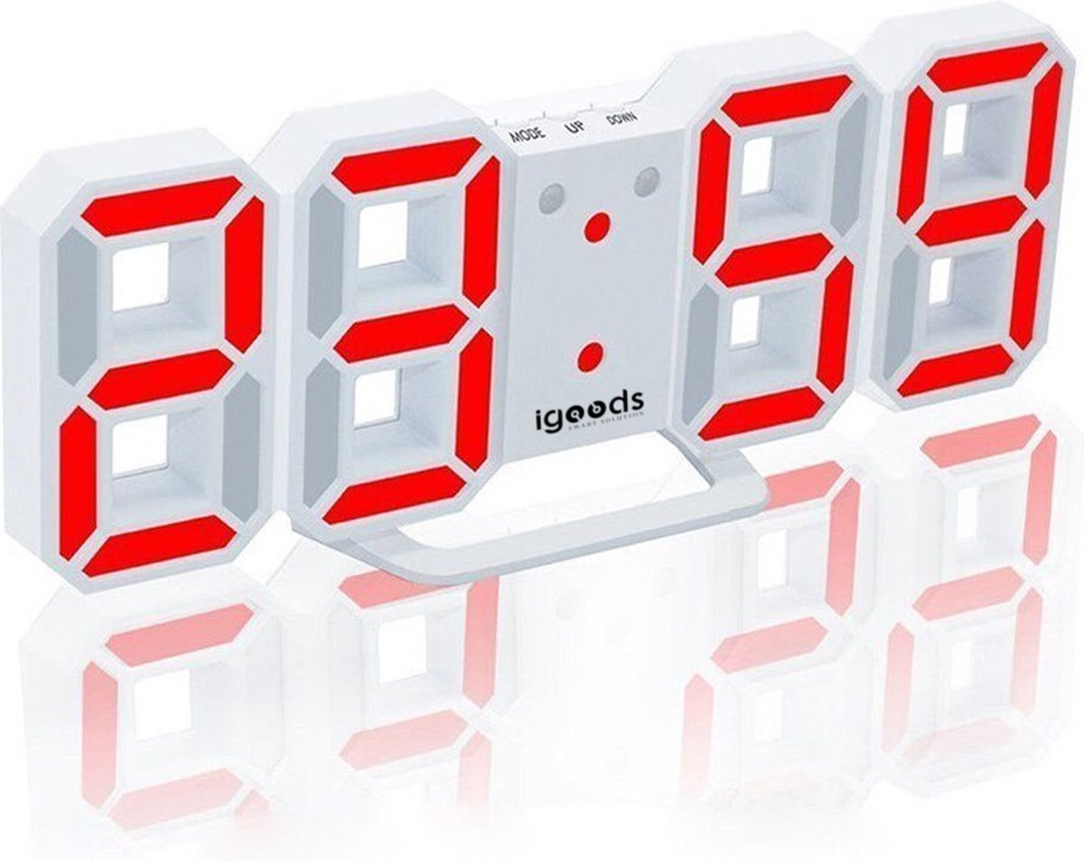 Igoods Digitale Tafelklok - Led Wekker Klok - Digitale 3D Wekker - Moderne Bureauklok - Met Temperatuurmeter - Wit/Rood