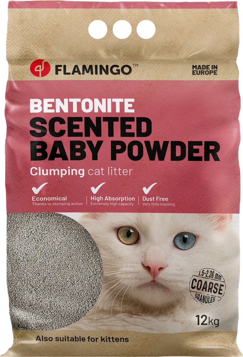 Flamingo Kattenbakvulling Bentoniet met Babypoeder – Grove Korrels, Klonterend, 12 KG voor 10 Weken, Super Absorberend, Stofarm, Heerlijke Babypoedergeur – Uit Europa Flamingo Kattenbakvulling Bentoniet met Babypoeder – Grove Korrels, Klonterend, 12 KG voor 10 Weken, Super Absorberend, Stofarm, Heerlijke Babypoedergeur – Uit Europa
