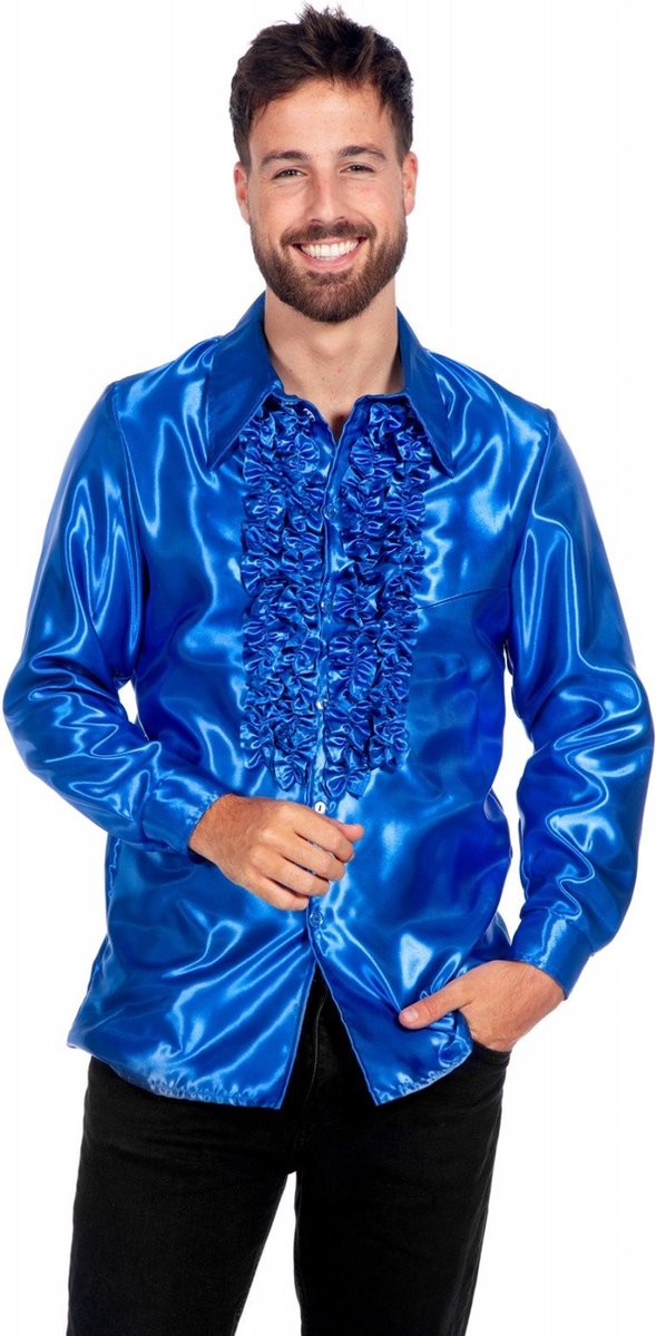 Jaren 80 & 90 Kostuum | Blauwe Ruchesblouse Satijn Foute Disco | Maat 52 | Carnaval kostuum | Verkleedkleding