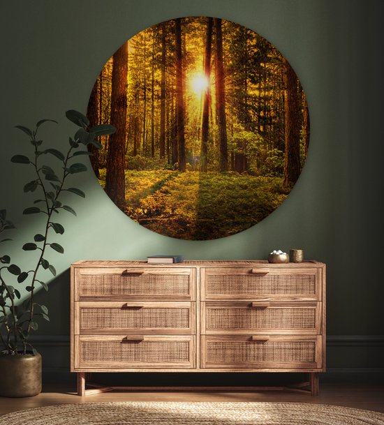 WallCircle - Cercle mural - Cercle mural - Soleil - Forêt - Vert - Nature - Tableau rond - Cercle mural intérieur - 140x140 cm - Décoration murale - Plastique - Décoration murale ronde