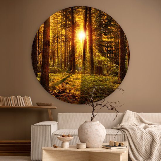 WallCircle - Cercle mural - Cercle mural - Soleil - Forêt - Vert - Nature - Tableau rond - Cercle mural intérieur - 140x140 cm - Décoration murale - Plastique - Décoration murale ronde