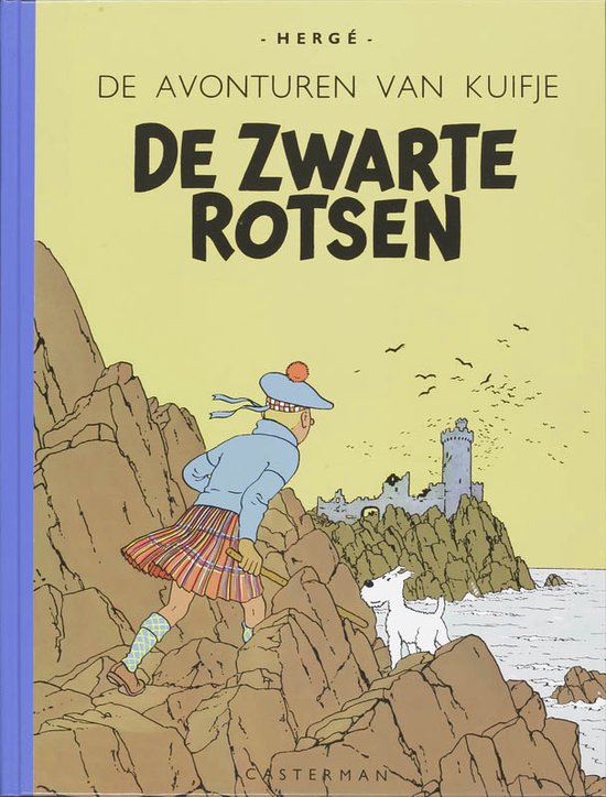 Kuifje in Schotland, met tartan rok, kijkt uit over ruige kustlijn met kasteel.