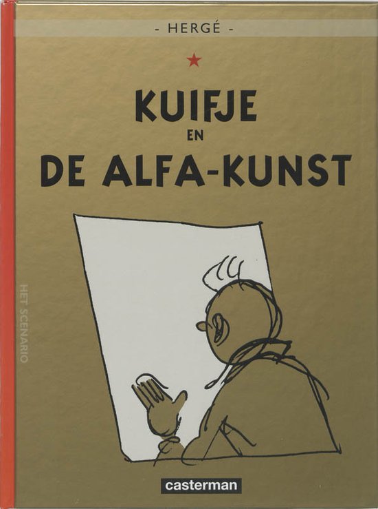 Kuifje en de Alfa-kunst, een boek van Hergé. Een schets van Kuifje die een tekening maakt op een leeg vel.