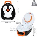 Afmetingen van het pinguïn porta-potje: breedte 23.5cm, hoogte 26cm. Geopend potje met afmetingen van het zitoppervlak.