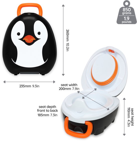 Afmetingen van het pinguïn porta-potje: breedte 23.5cm, hoogte 26cm. Geopend potje met afmetingen van het zitoppervlak.