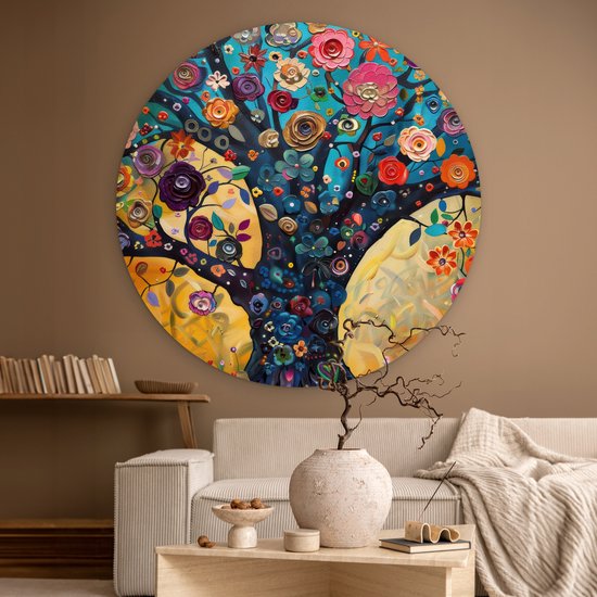 WallCircle® Wandcirkel 140x140 cm - Muurcirkel Boom - Levensboom - Kleurrijk - Bloemen - Modern - Abstract - Natuur - Muurdecoratie woonkamer cirkel - Wanddecoratie slaapkamer - Kamer decoratie accessoires - Ronde schilderijen binnen