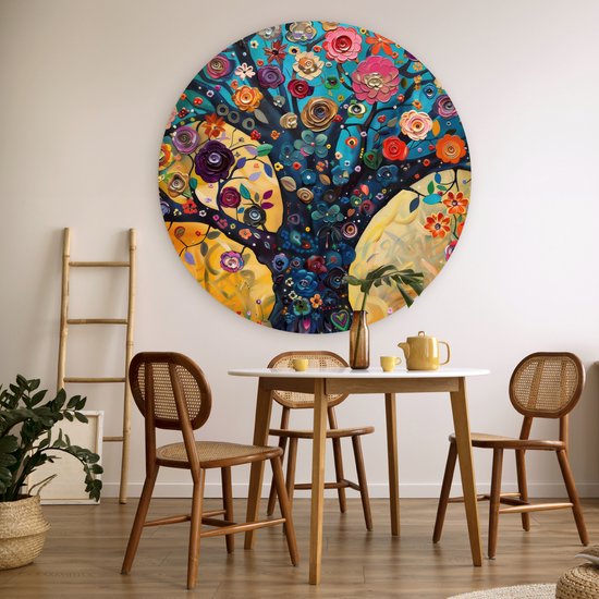 WallCircle® Wandcirkel 140x140 cm - Muurcirkel Boom - Levensboom - Kleurrijk - Bloemen - Modern - Abstract - Natuur - Muurdecoratie woonkamer cirkel - Wanddecoratie slaapkamer - Kamer decoratie accessoires - Ronde schilderijen binnen