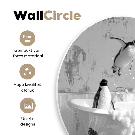 WallCircle® Wandcirkel 30x30 cm - Muurcirkel Pinguïns - Vintage - Dieren - Zwart - Wit - Vogels - Badkamer - Bad - Muurdecoratie cirkel woonkamer - Wanddecoratie slaapkamer - Kamer decoratie accessoires - Ronde schilderijen binnen