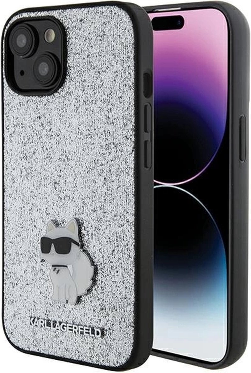 Karl Lagerfeld Fixed Glitter Choupette Logo Metalen Pin hoesje voor iPhone 15 - zilver
