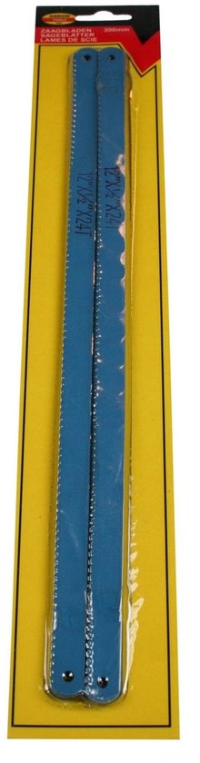 Twee blauwe ijzerzaagbladen met "12" X 1/2" X 24T" op een gele verpakking.
