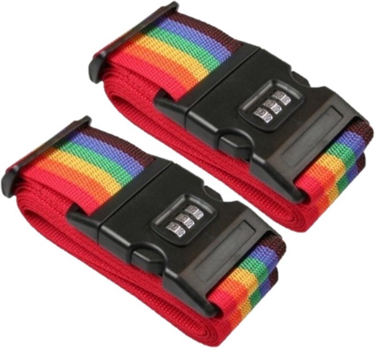 Bol.com Pakket van 2x stuks kofferriemen/bagageriemen met cijferslot 200 cm - kofferspandband regenboog kleuren aanbieding