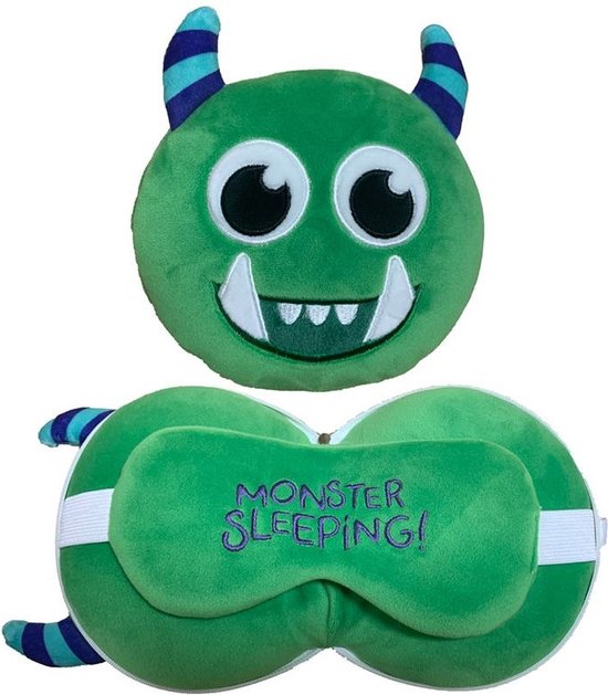 Foto: Groen monster knuffel reiskussen slaapmasker 3 in 1 voor kinderen knuffeldier kussentjes en slaapmaskers voor onderweg in het vliegtuig of in de auto