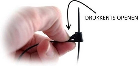 Hand drukt op een zwarte, loskoppelbare kabelbinder. Tekst: "Drukken is openen".