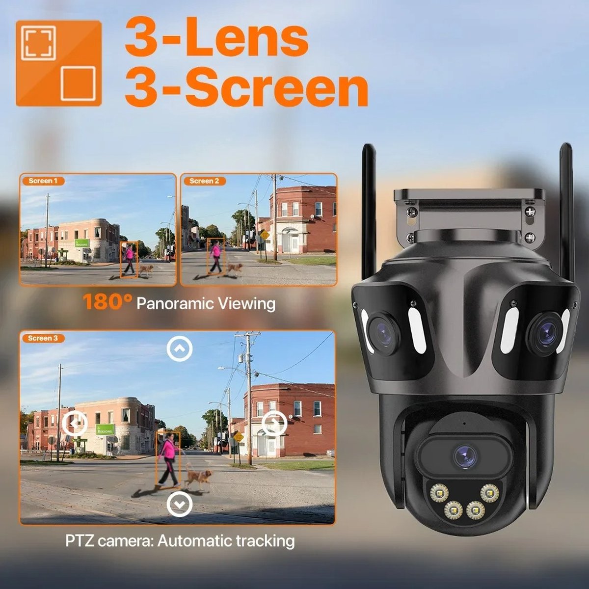 Afbeelding 2 van Tumex - Beveiligingscamera Buiten - Buiten Camera met Nachtzicht - Drie Lens Design - 360° Auto Tracking - Inclusief 64GB SD - Zwart
