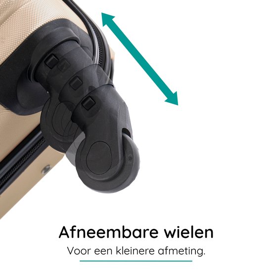 Afneembare wielen onderaan een beige koffer, met dubbele pijlen die de afmeting aangeven.