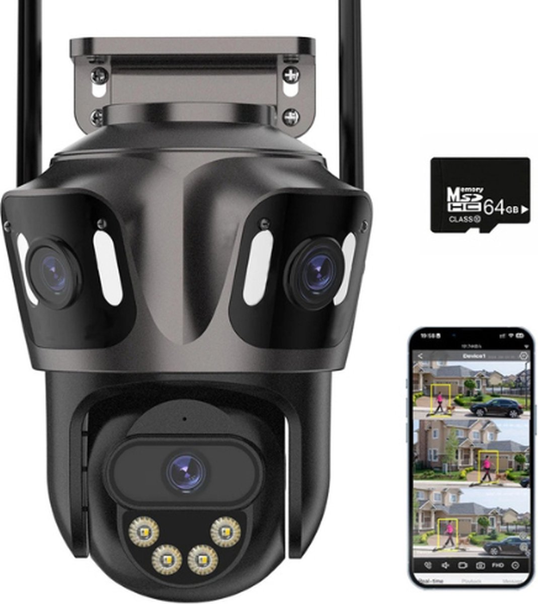 Tumex - Beveiligingscamera Buiten - Buiten Camera met Nachtzicht - Drie Lens Design - 360° Auto Tracking - Inclusief 64GB SD - Zwart
