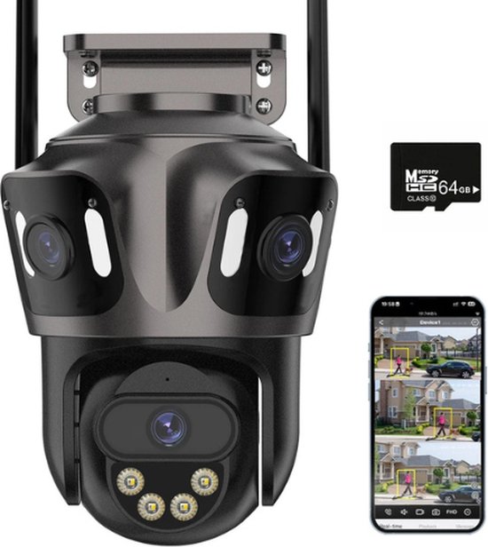 Foto: Tumex beveiligingscamera buiten buiten camera met nachtzicht drie lens design 360 auto tracking inclusief 64gb sd zwart