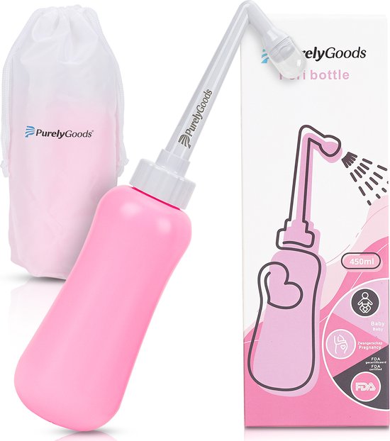 Flacon de périnée rose avec une pochette rose et une boîte.