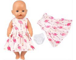 Lynn's poppenkleding - Kleertjes geschikt voor Baby Born - Flamingo jurk met onderbroekje - Roze zomer & lente outfit - In cadeauzakje