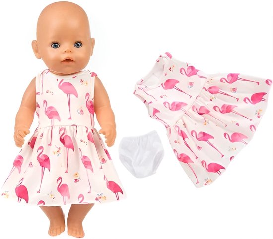 Lynn's poppenkleding - Kleertjes geschikt voor Baby Born - Flamingo jurk met onderbroekje - Roze zomer & lente outfit - In cadeauzakje