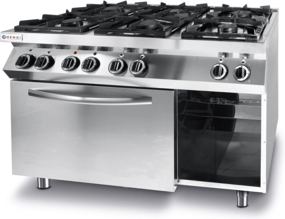 HENDI 6-pits gasfornuis met convectieoven – roestvrij staal – 28,5 kW – 1200x722x900 mm