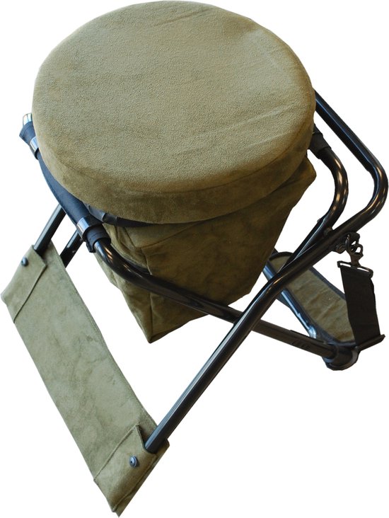 Visstoel/ Vis kruk Heavy Duty draaibare stoel 360dgr 48cm zithoogte incl. opbergvakje, schouderriem en rugleuning. Donkergroen faux suede fabric. 22mm gepoedercoat aluminium frame in zwart. van Merkloos — afbeelding 3