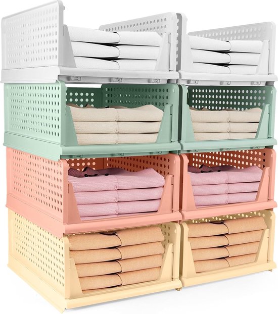 Neprock Stapelbare plastic opbergladen voor kastorganizers en opslag, 4-pack open opbergbakken kastplank kledingorganizer voor kastgarderobe (4L