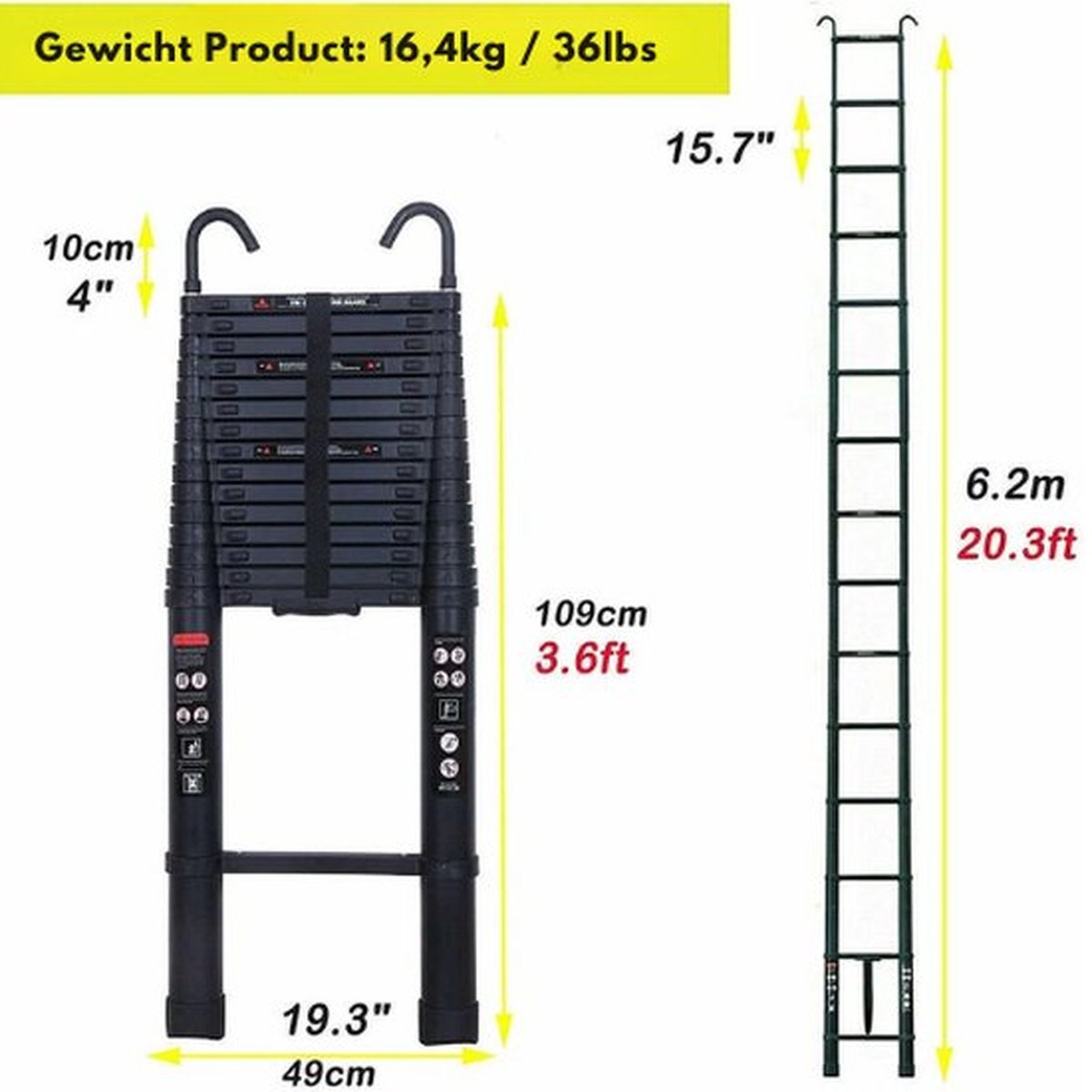 Thuys Telescoopladder - 6.2 Meter - Telescopische Vouwladder - Telescopische Ladder - Inklapbaar - Soft Close – Verstelbaar – foto 7