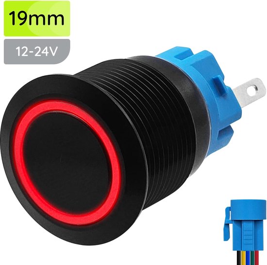 Keenso 19 mm 12V-24V waterdicht roestvrij staal, vergrendeling, led power, drukschakelaar aan/uit vergrendeling, knop, schakelaar, 1NO1NC (rood