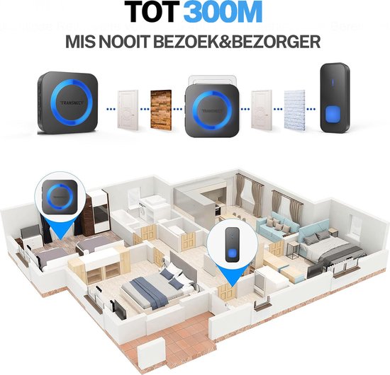 Transnect® - draadloze deurbel - draadloos - deur bel - deurbellen - wireless doorbell - ip44 waterdicht -met ontvanger - zwart — afbeelding 4