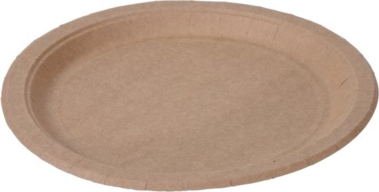 Een lichtbruin, rond papieren bord met een geribbelde rand, gemaakt van gerecycled materiaal.