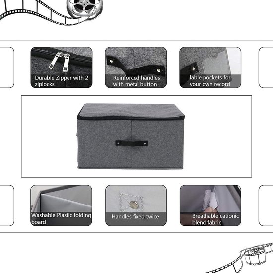 Opvouwbare deksel-opbergbox met verdelingsbord, 4 handgrepen, ritssluiting, deksels, kleding, quilts, opbergdoos, organizer voor slaapkamer, kast, plank, 52 x 40 x 26 cm, zwart/grijs, 2 stuks