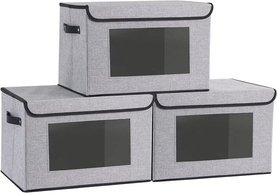 OUTBROS Grote opvouwbare opbergdoos met deksel, linnen stof kleding plank mand bakken doos voor handdoeken, kleding 45 x 30 x 30 cm (grijs, 2 stuks