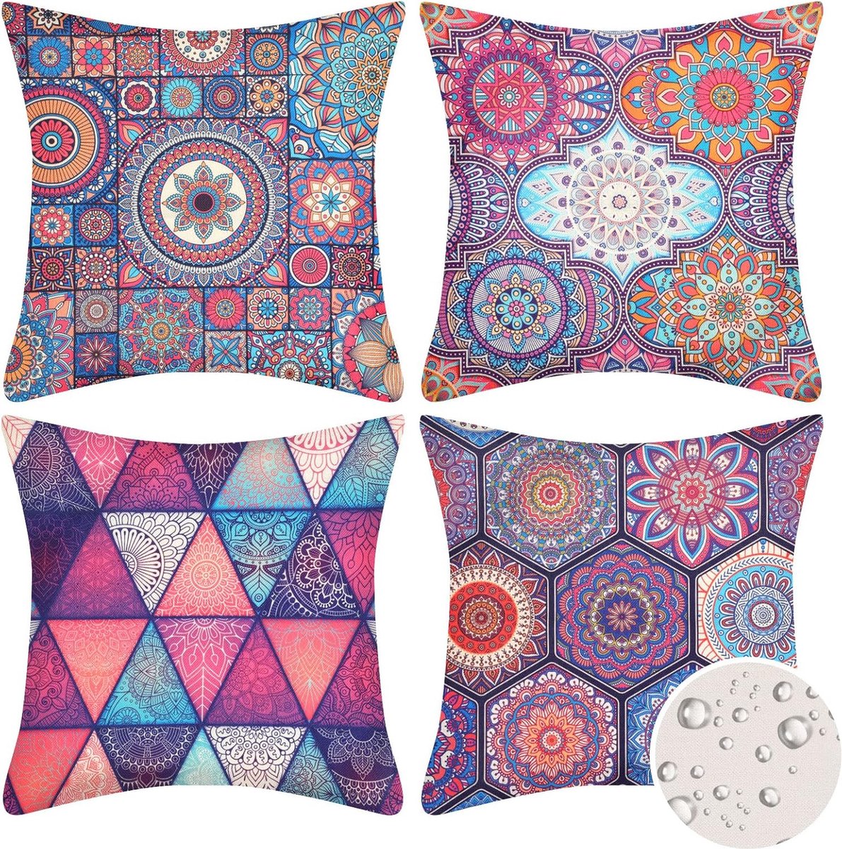 Riokem ® Pakket van 4 waterdichte kussenhoezen, linnen kussenhoezen, 50 x 50 cm, Boho met kleurrijk geometrisch patroon, decoratief kussen, mandala decoratief abstract decoratieve kussenhoezen voor