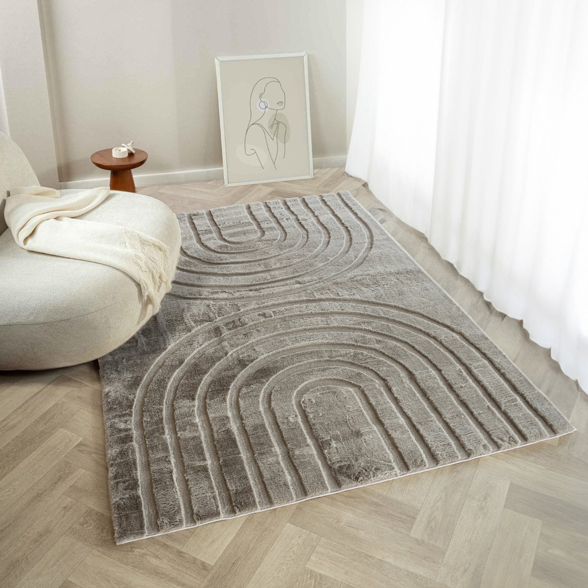 Flycarpets Zacht hoogpolig vloerkleed - Bohemian Arches Taupe Japandi - Woonkamer tapijt -