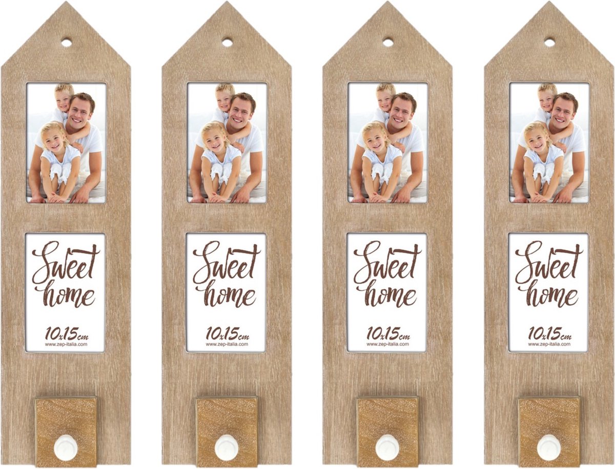 Zep 4x stuks houten fotolijstje met haakje 54 x 15 cm geschikt voor een foto van 10 x 15 cm Bruin