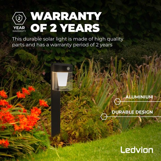 Ledvion - Lampe d'extérieur sur Solar LED , 0,5 W, 3000 K, IP44, Zwart et ronde, avec support. Capteur de mouvement, énergie solaire, économe en énergie et résistant aux intempéries